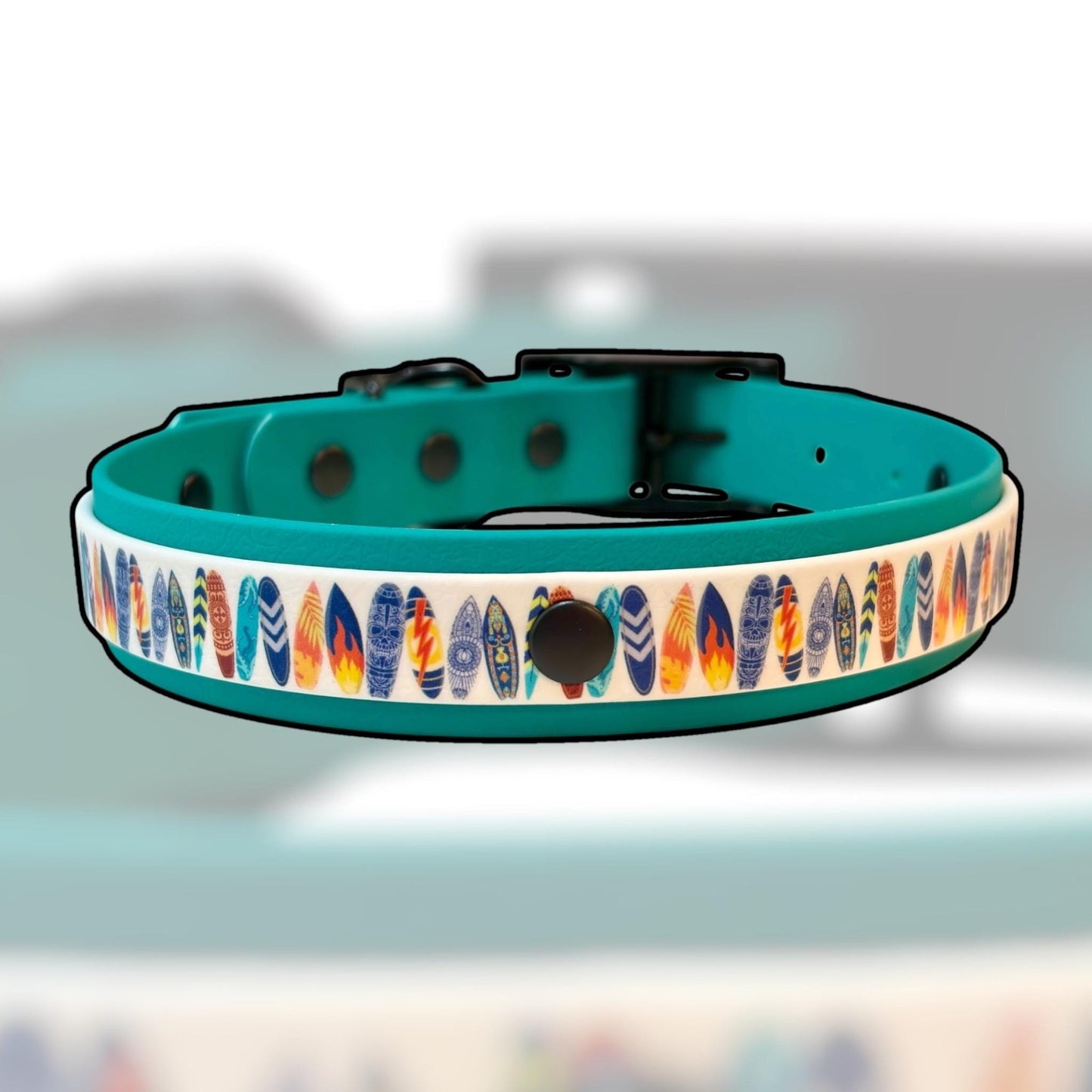 Waterproof Dog Collar Surf Board Printed Biothane Design with Turquoise Backing and Black Hardware