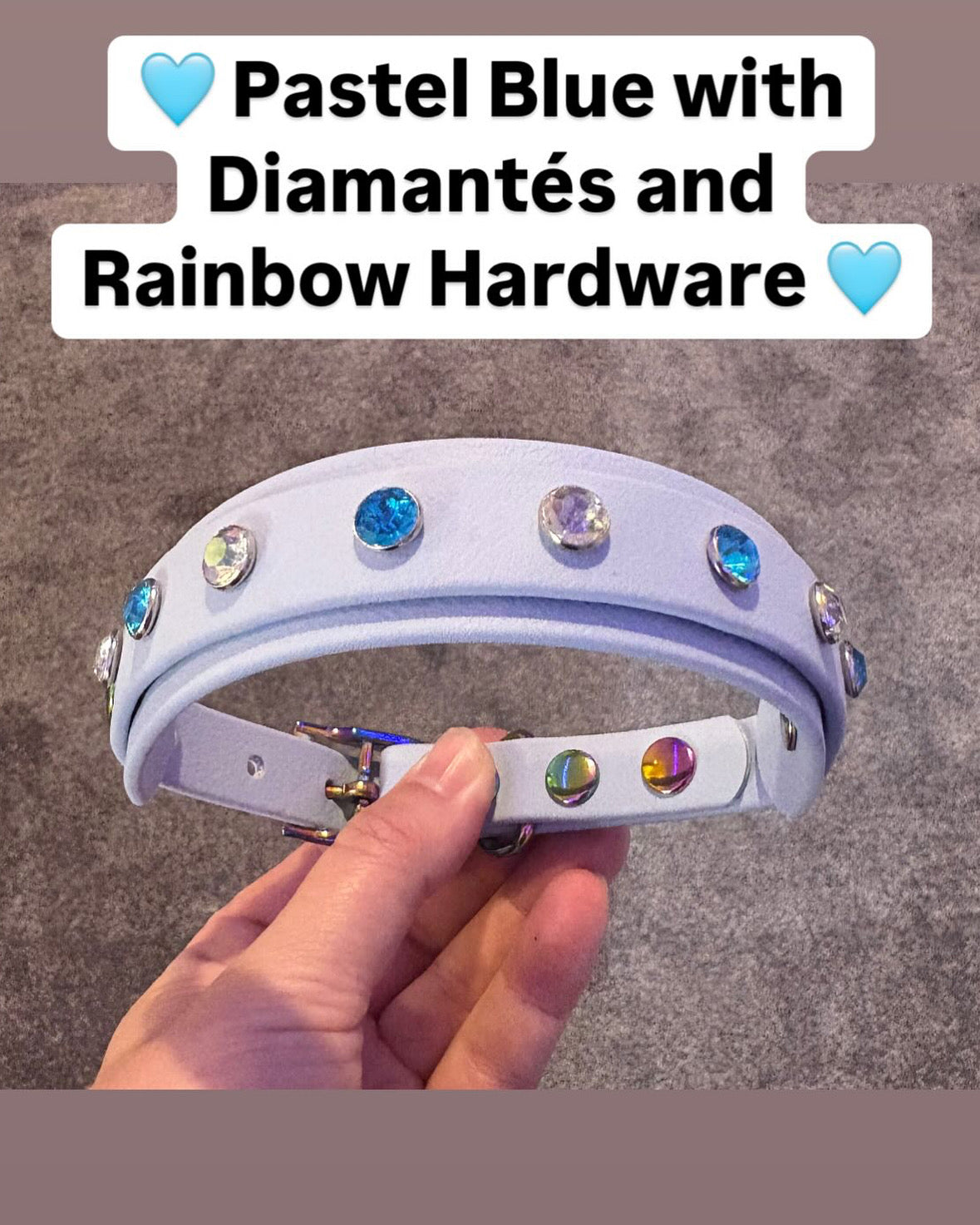 Biothane Crystal Rhinestone Diamanté Dog Collar Pastel Blue with Rainbow Hardware - Sparkle Collection