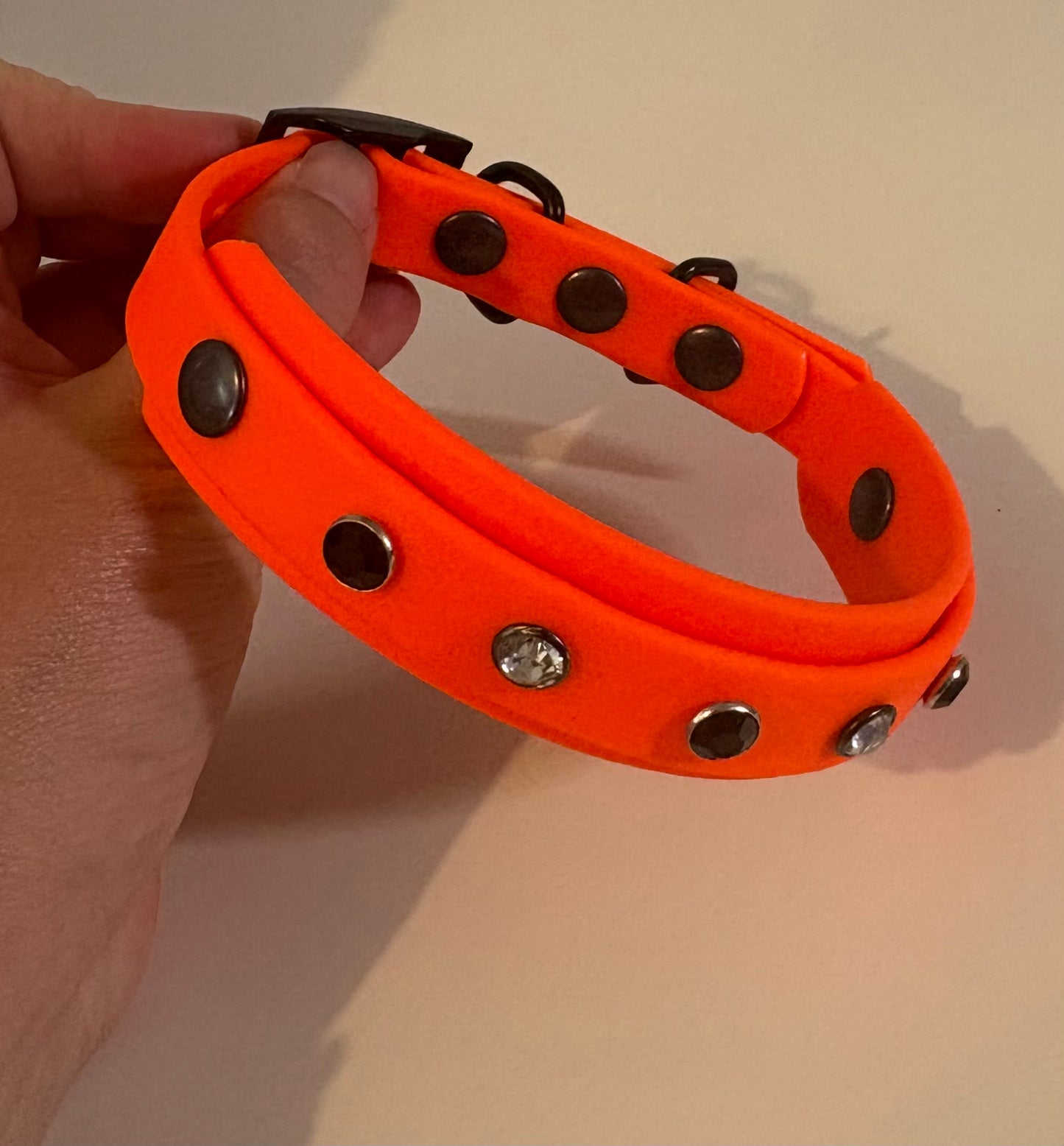 Biothane Crystal Rhinestone Diamanté Dog Collar Neon Orange with Black Hardware - Sparkle Collection