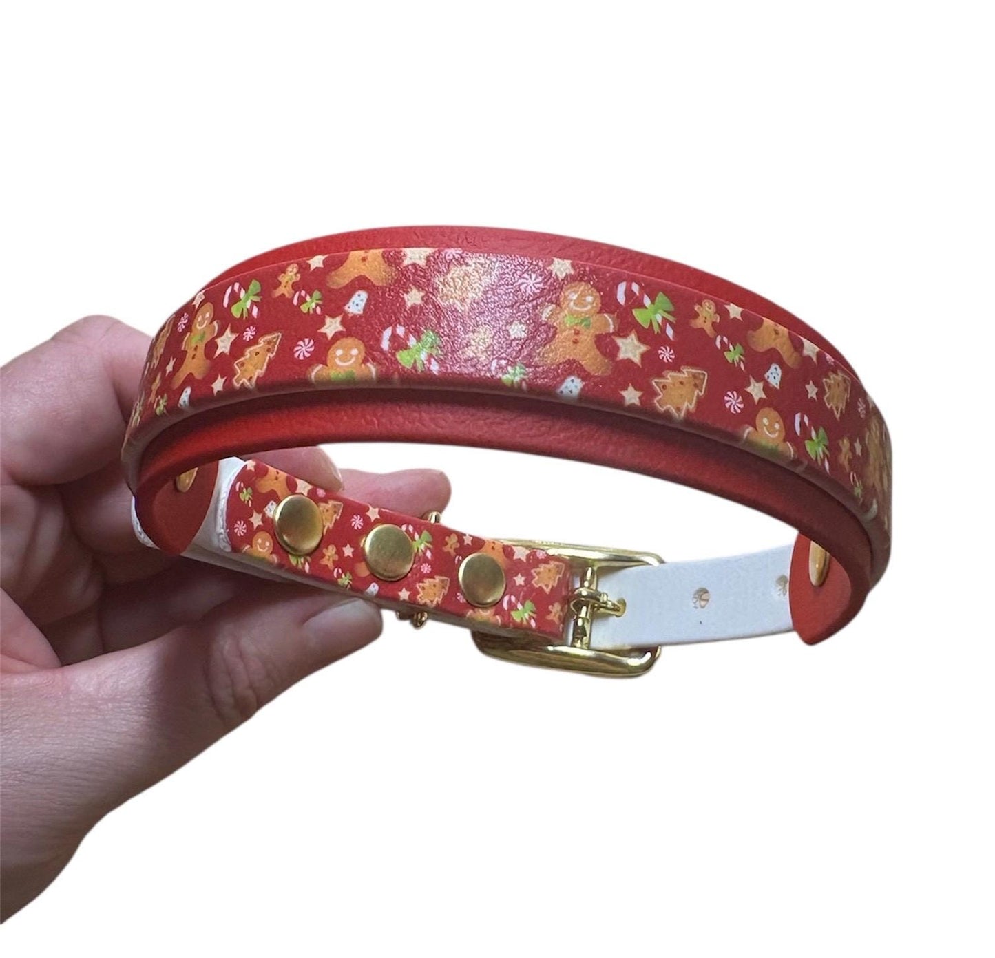 Biothane Waterproof Christmas Gingerbread & Candycane Print Dog Collar with Red Backing and Premium Solid Brass Hardware