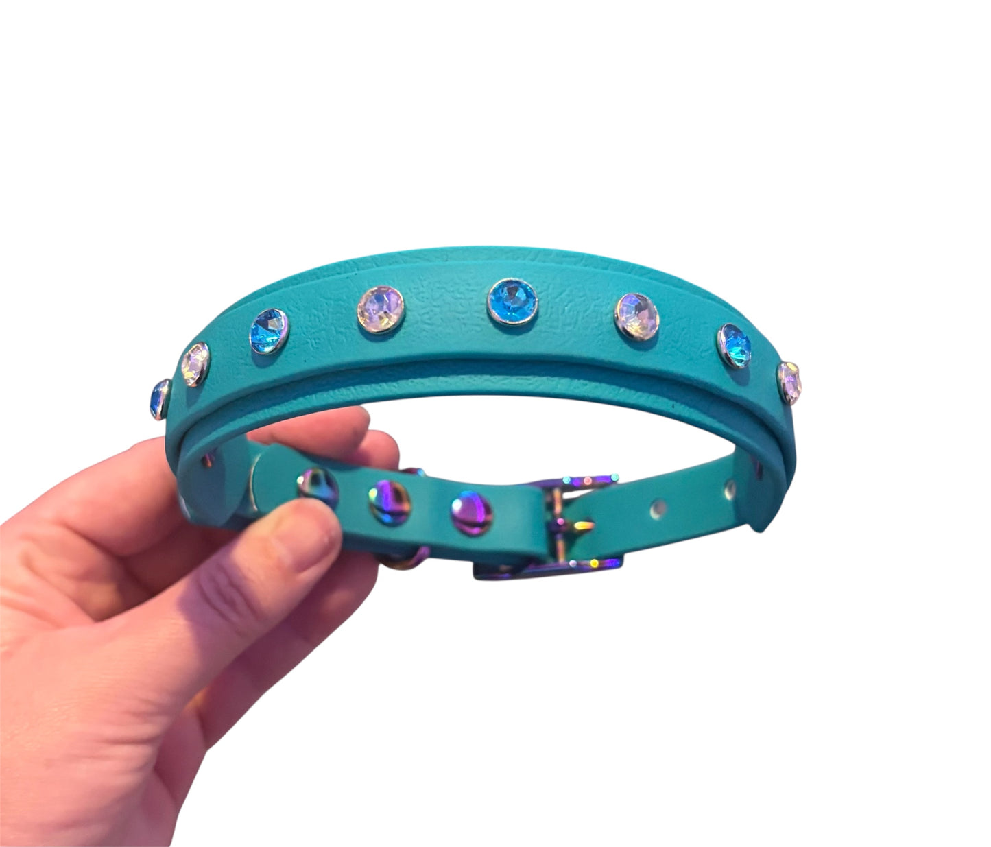 Crystal Rhinestone Diamanté Waterproof Dog Collar Turquoise with Rainbow Hardware - Sparkle Collection