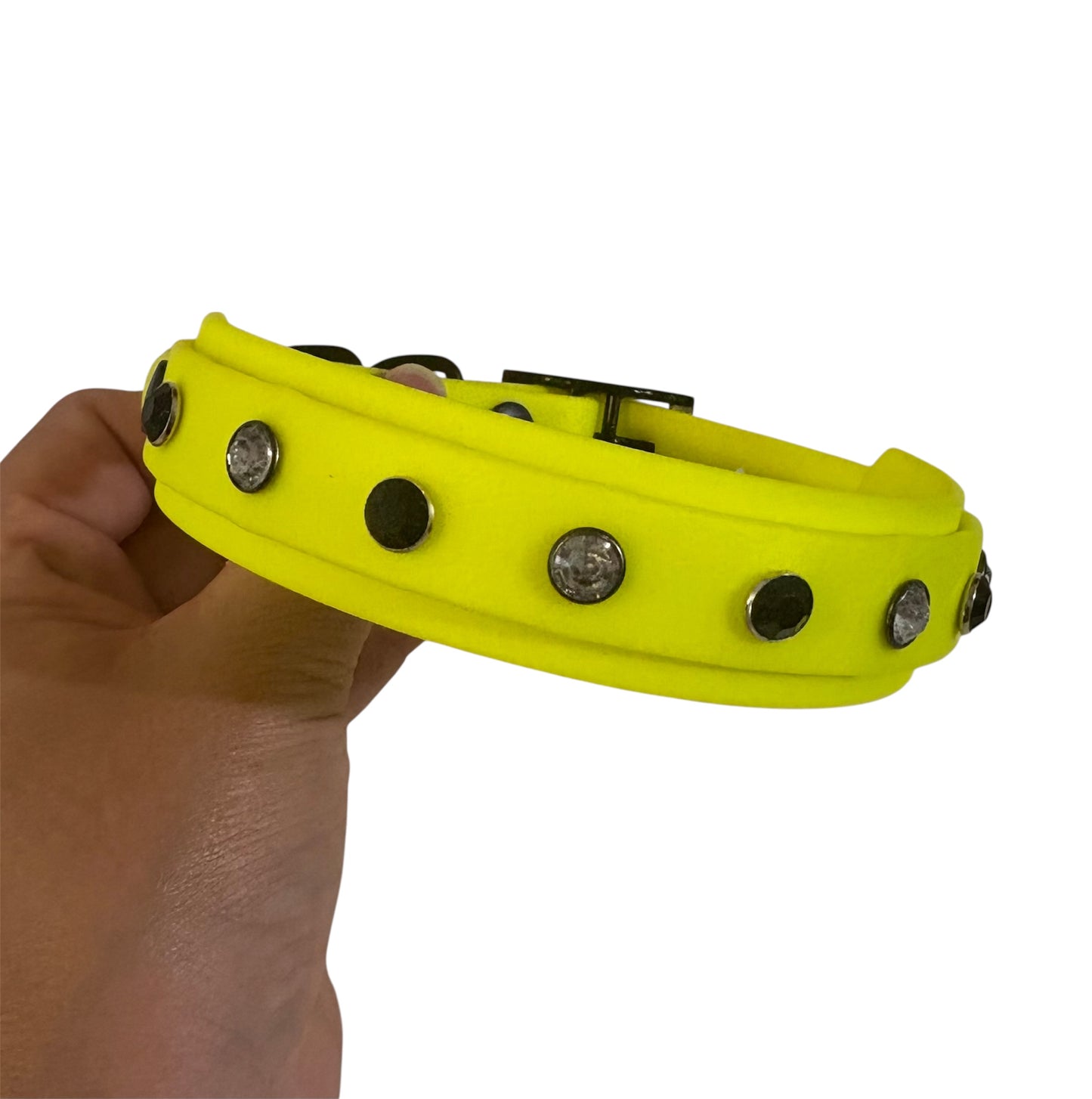 Biothane Crystal Rhinestone Diamanté Dog Collar Neon Yellow with Black Hardware - Sparkle Collection