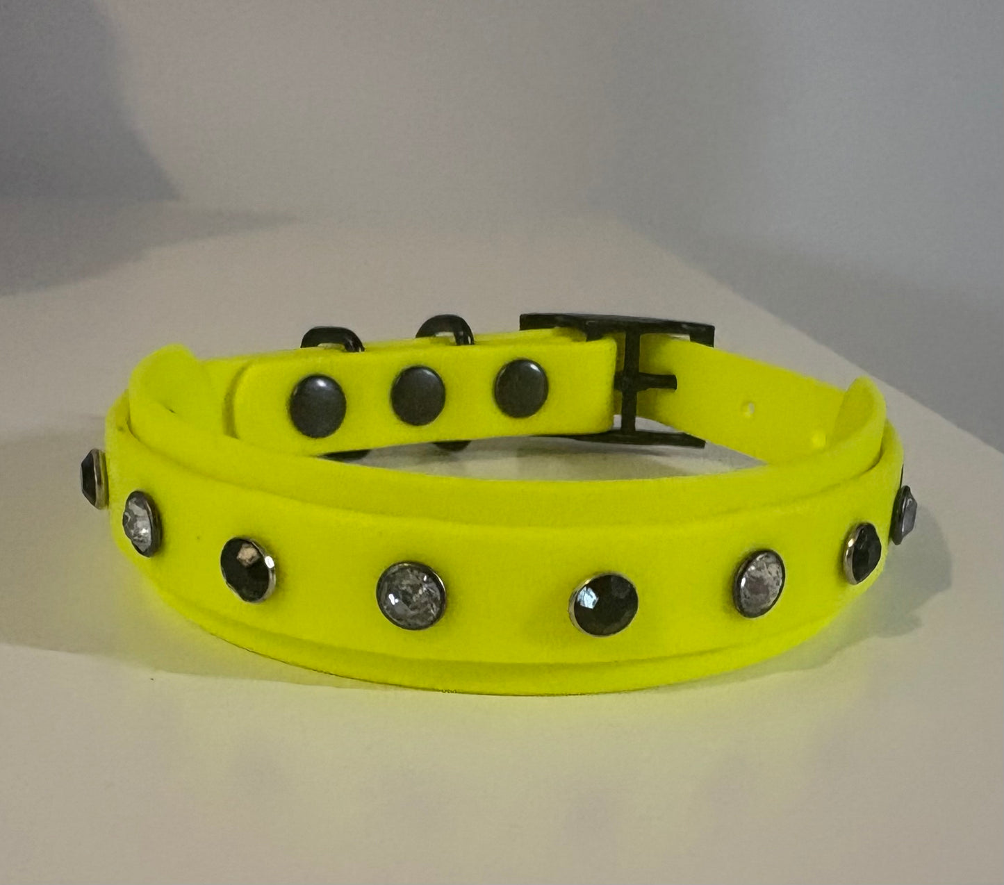 Biothane Crystal Rhinestone Diamanté Dog Collar Neon Yellow with Black Hardware - Sparkle Collection