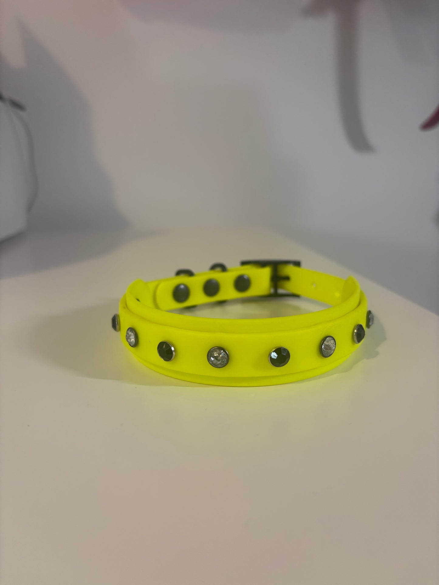 Biothane Crystal Rhinestone Diamanté Dog Collar Neon Yellow with Black Hardware - Sparkle Collection