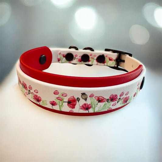 Biothane Waterproof Poppy Print Dog Collar with Red Backing and Black Hardware