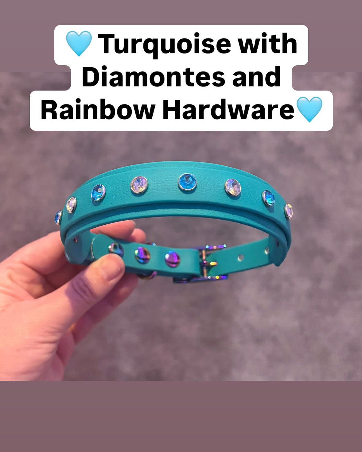 Crystal Rhinestone Diamanté Waterproof Dog Collar Turquoise with Rainbow Hardware - Sparkle Collection