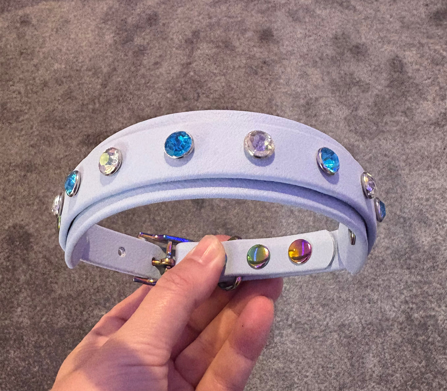 Biothane Crystal Rhinestone Diamanté Dog Collar Pastel Blue with Rainbow Hardware - Sparkle Collection