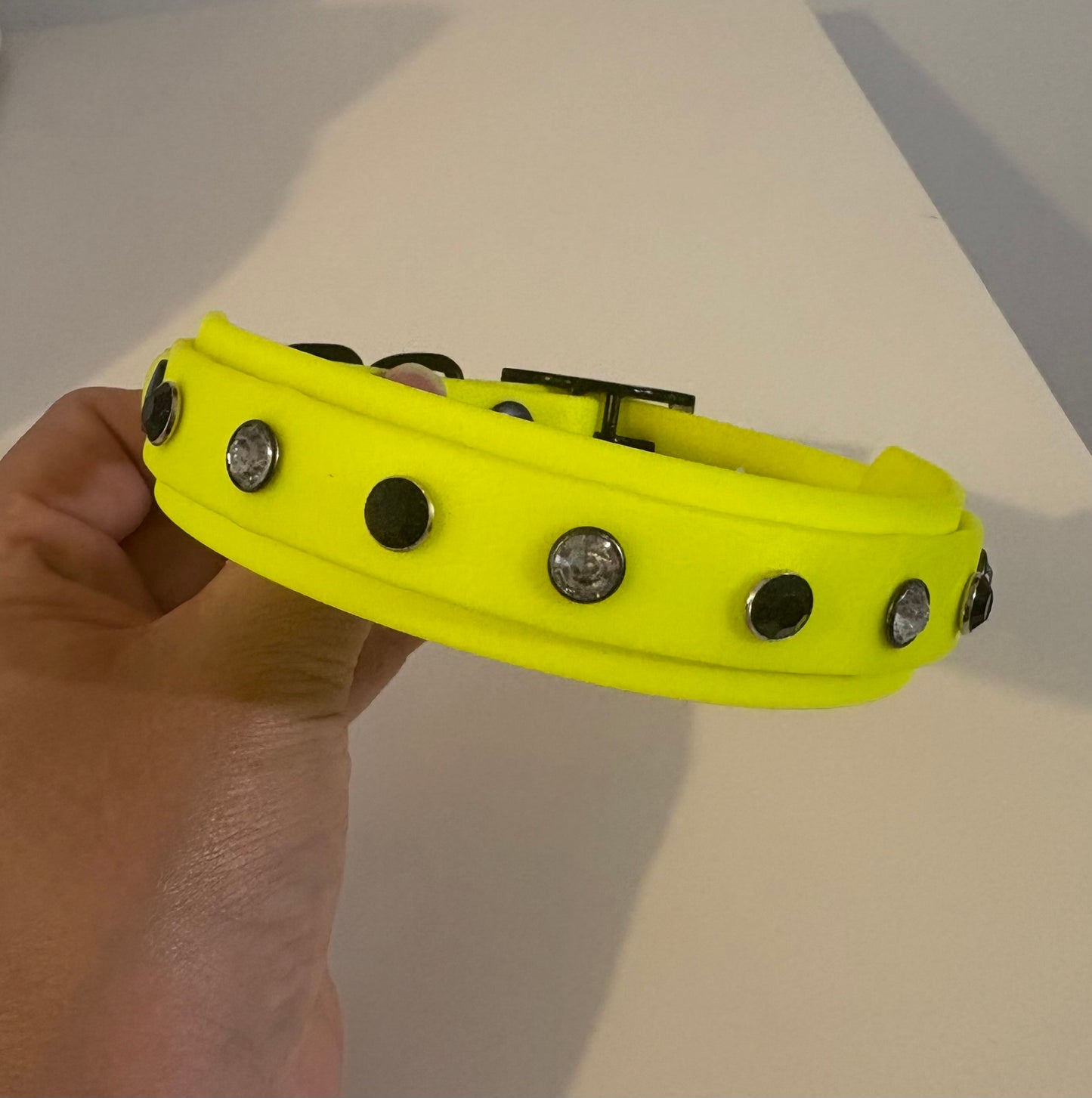 Biothane Crystal Rhinestone Diamanté Dog Collar Neon Yellow with Black Hardware - Sparkle Collection