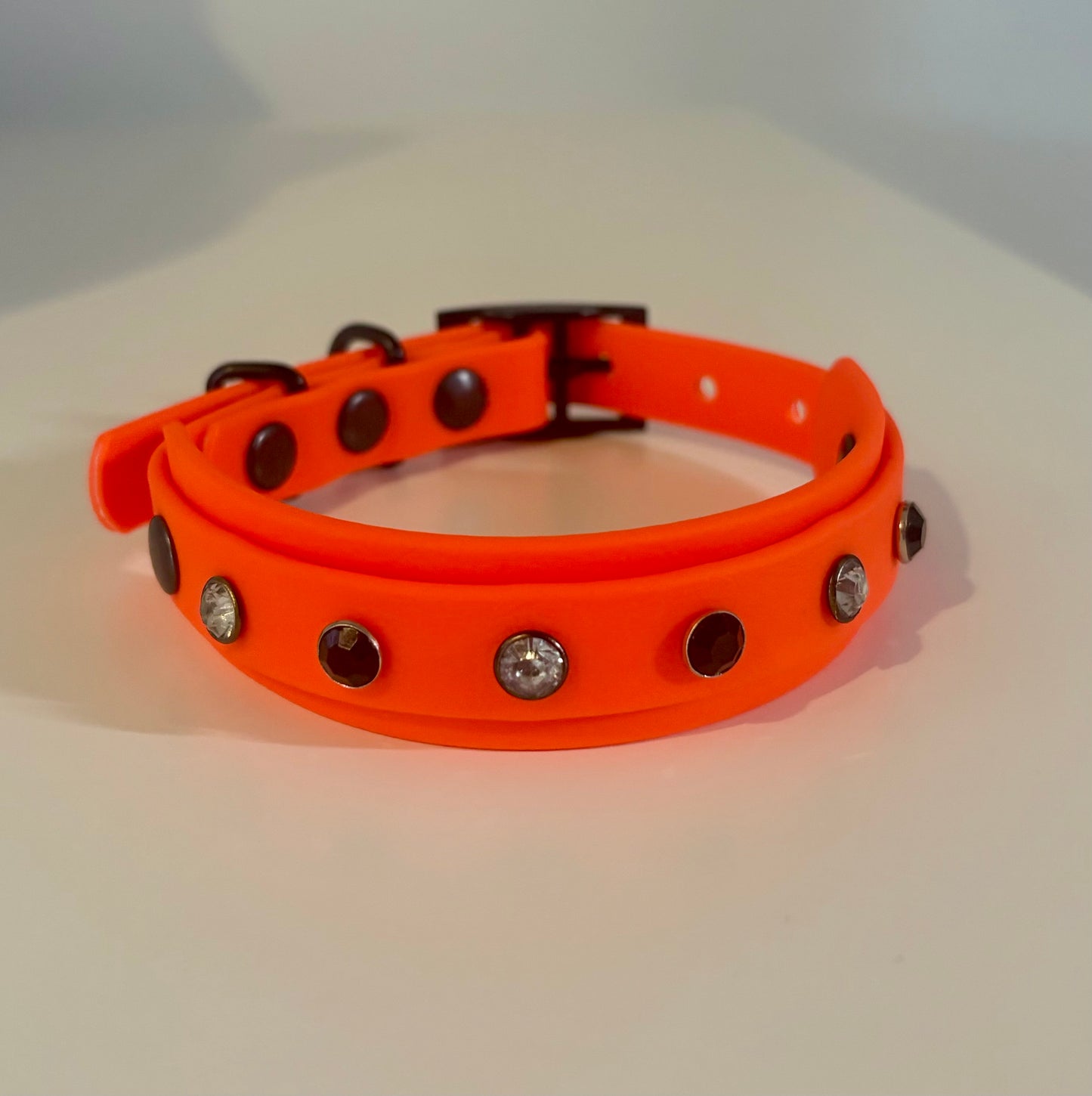 Biothane Crystal Rhinestone Diamanté Dog Collar Neon Orange with Black Hardware - Sparkle Collection