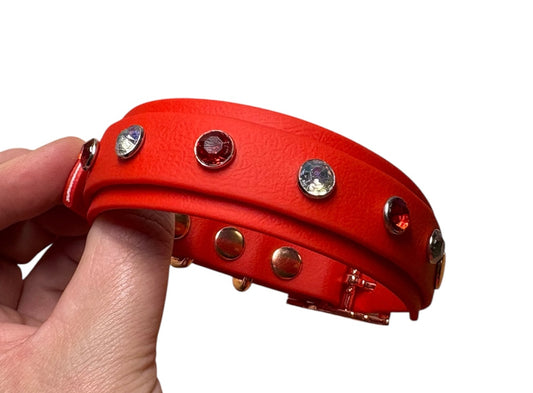 Crystal Rhinestone Diamanté Waterproof Dog Collar Red with Rose Gold Hardware - Sparkle Collection