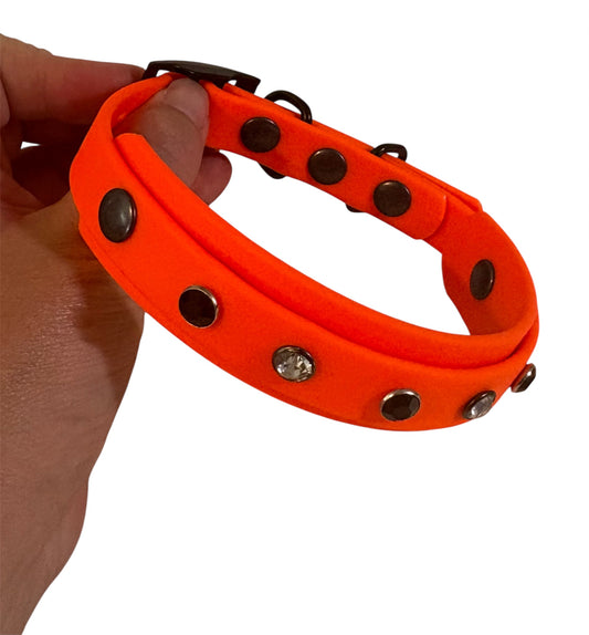 Biothane Crystal Rhinestone Diamanté Dog Collar Neon Orange with Black Hardware - Sparkle Collection