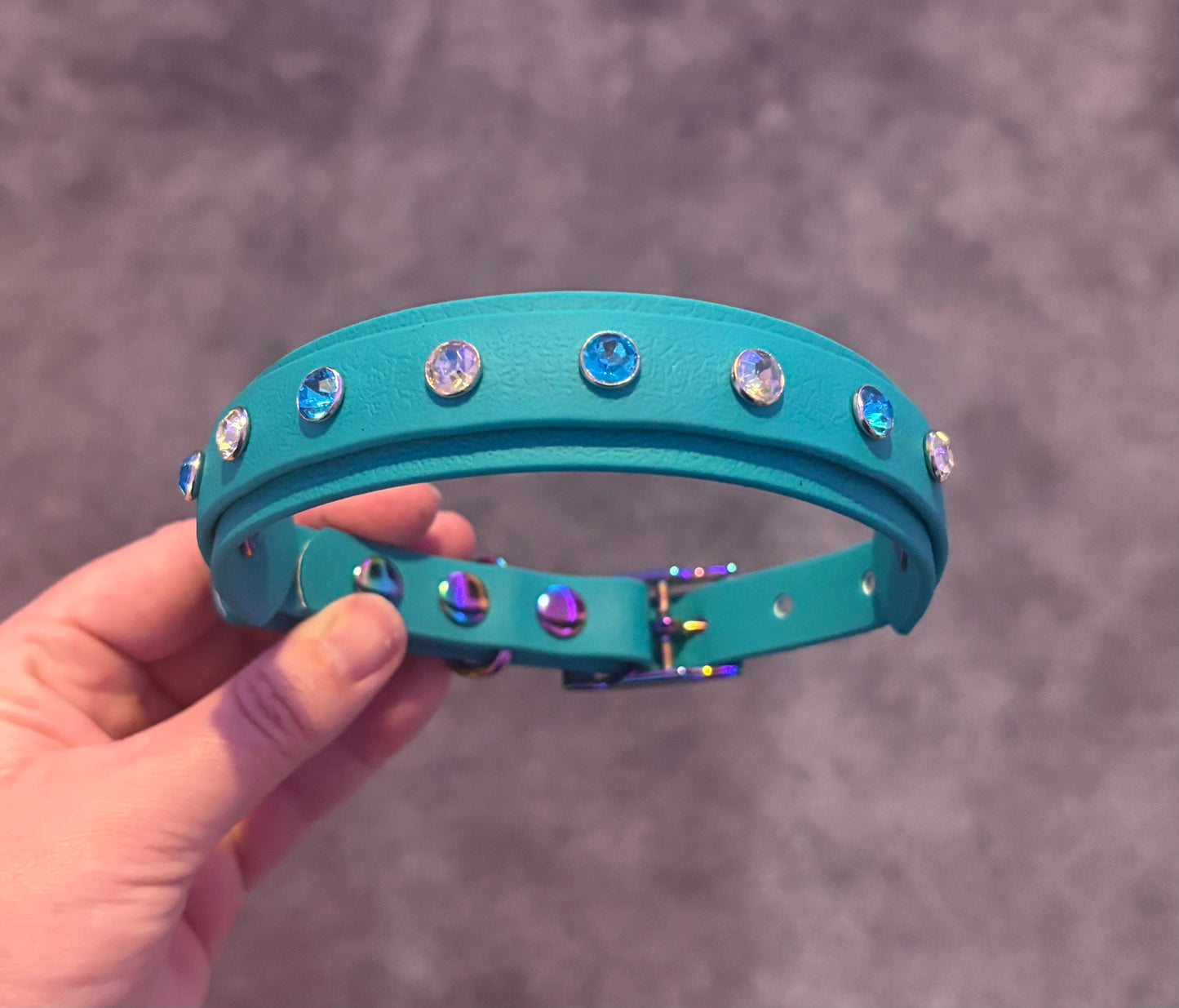 Crystal Rhinestone Diamanté Waterproof Dog Collar Turquoise with Rainbow Hardware - Sparkle Collection