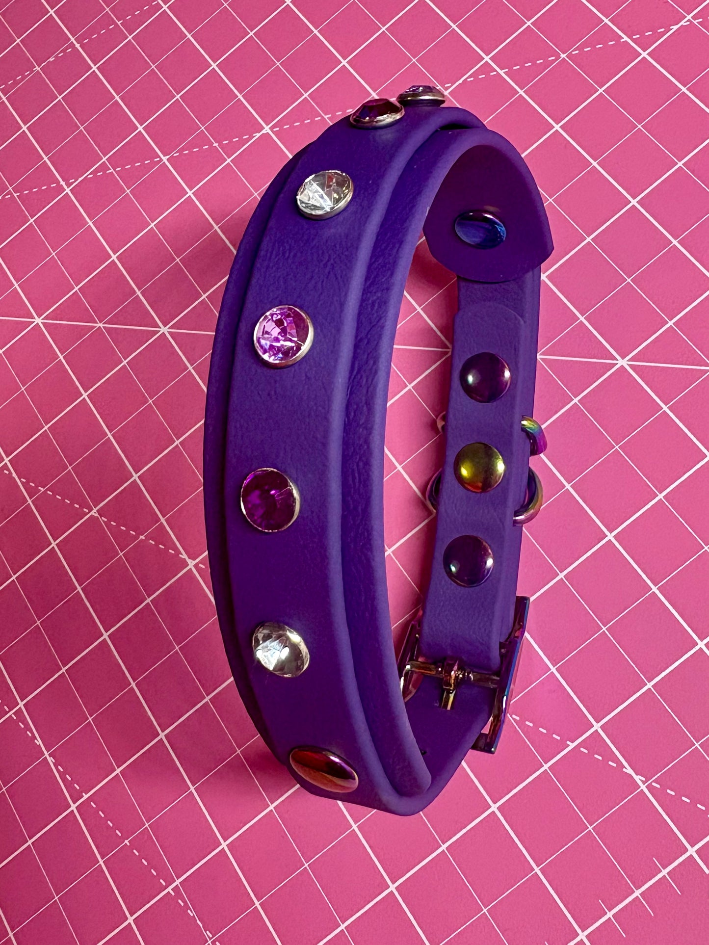 Biothane Crystal Rhinestone Diamanté Dog Collar Violet with Rainbow Hardware - Sparkle Collection