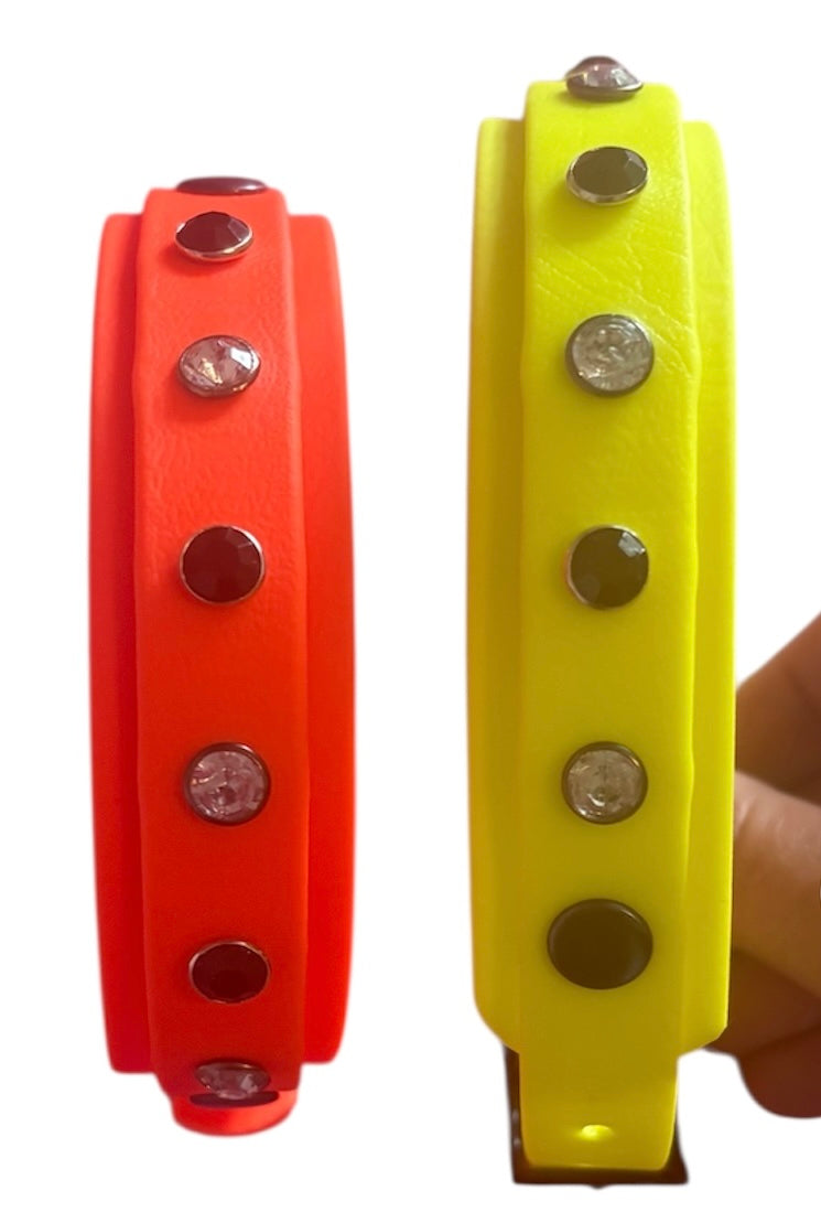 Biothane Crystal Rhinestone Diamanté Dog Collar Neon Yellow with Black Hardware - Sparkle Collection