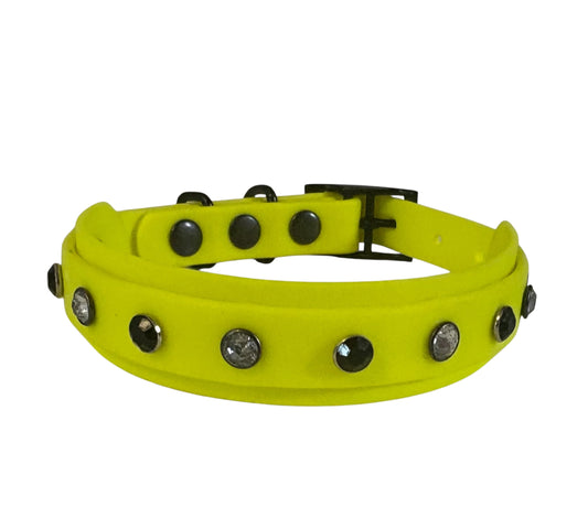 Biothane Crystal Rhinestone Diamanté Dog Collar Neon Yellow with Black Hardware - Sparkle Collection