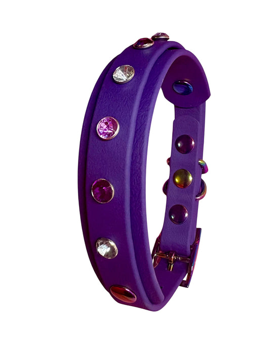 Biothane Crystal Rhinestone Diamanté Dog Collar Violet with Rainbow Hardware - Sparkle Collection