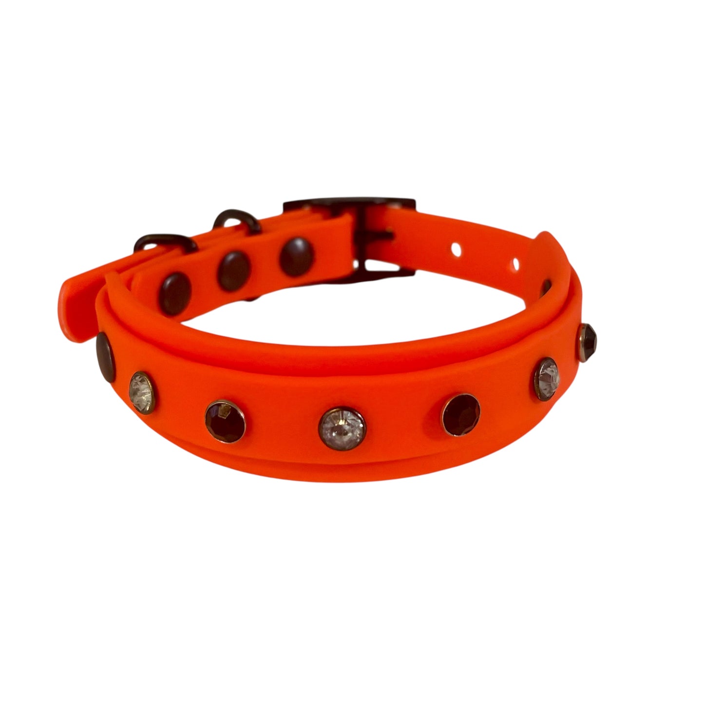 Biothane Crystal Rhinestone Diamanté Dog Collar Neon Orange with Black Hardware - Sparkle Collection