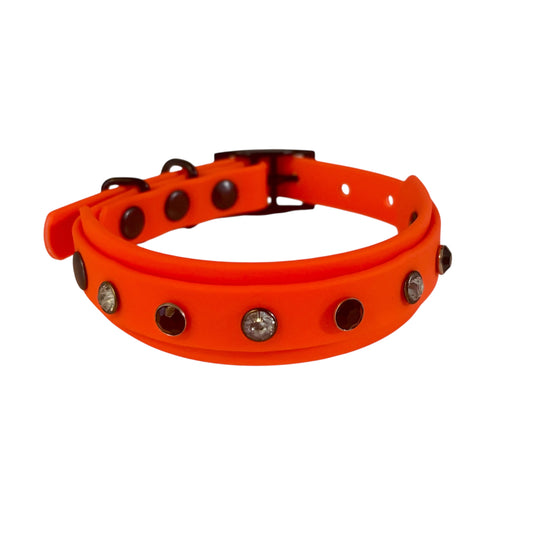 Biothane Crystal Rhinestone Diamanté Dog Collar Neon Orange with Black Hardware - Sparkle Collection