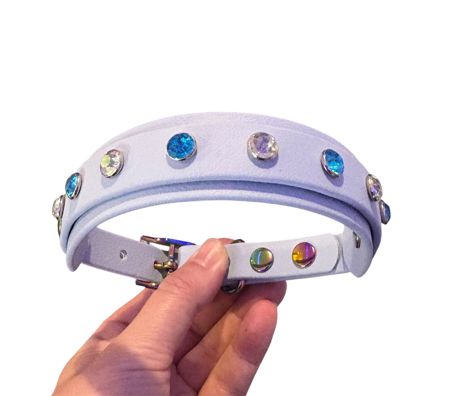 Biothane Crystal Rhinestone Diamanté Dog Collar Pastel Blue with Rainbow Hardware - Sparkle Collection