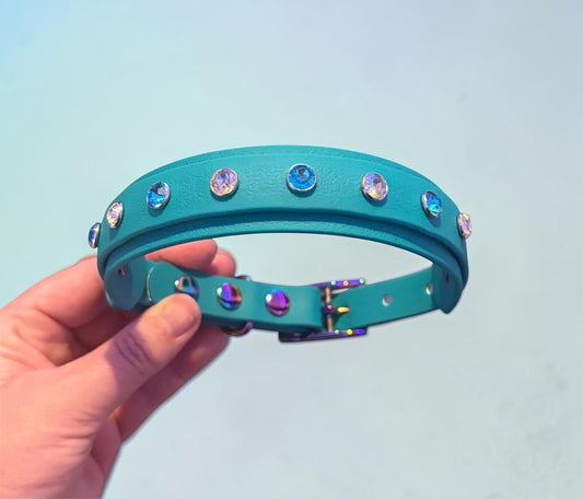 Crystal Rhinestone Diamanté Waterproof Dog Collar Turquoise with Rainbow Hardware - Sparkle Collection