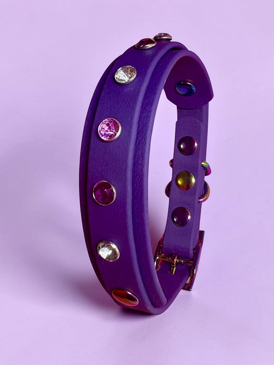 Biothane Crystal Rhinestone Diamanté Dog Collar Violet with Rainbow Hardware - Sparkle Collection