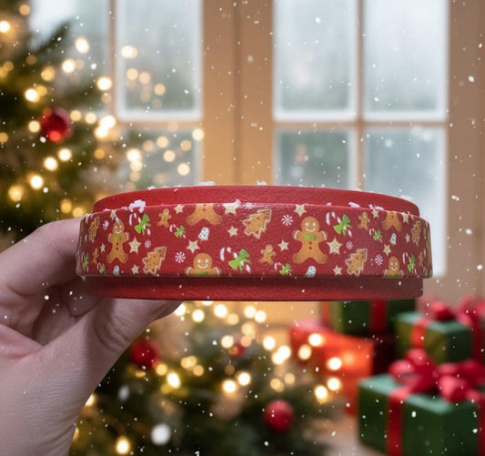 Biothane Waterproof Christmas Gingerbread & Candycane Print Dog Collar with Red Backing and Premium Solid Brass Hardware
