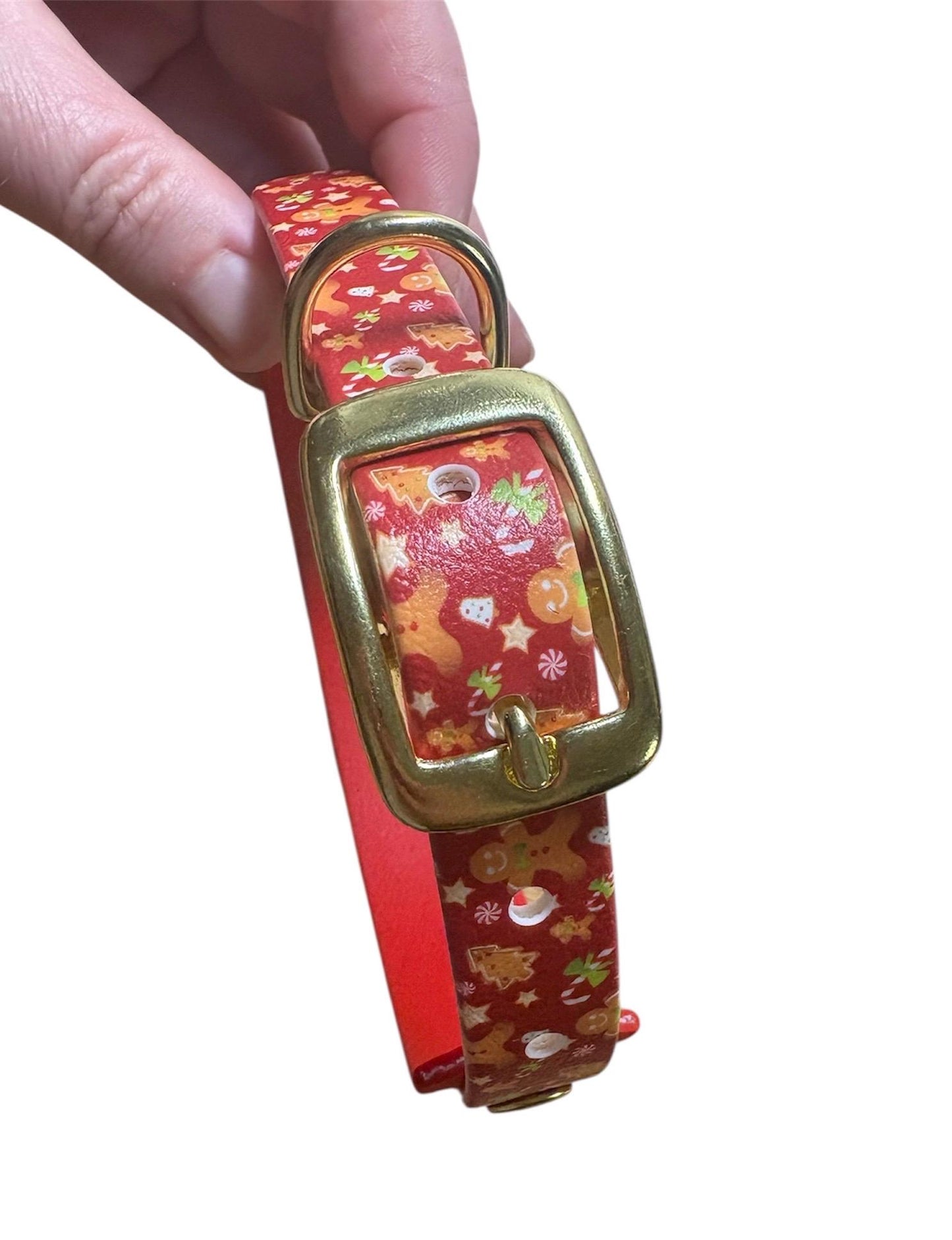 Biothane Waterproof Christmas Gingerbread & Candycane Print Dog Collar with Red Backing and Premium Solid Brass Hardware