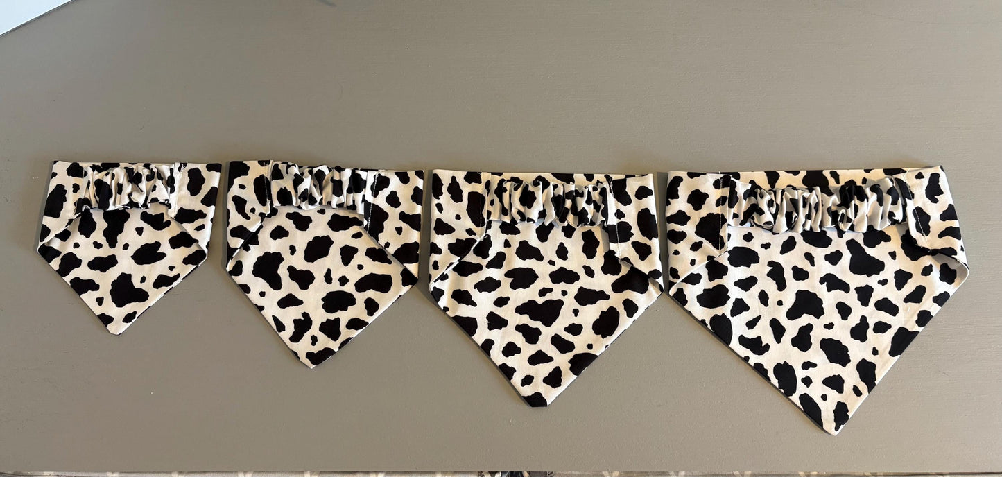 Elastic Scrunchie Dog Bandana – Cow Print – Easy Slip-On Overhead Neckwear