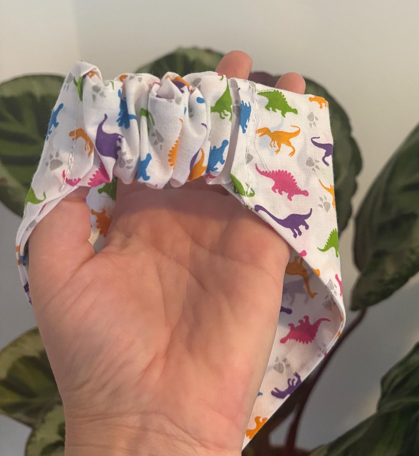 Elastic Scrunchie Dog Bandana – Dinosaur Print – Easy Slip-On Overhead Neckwear