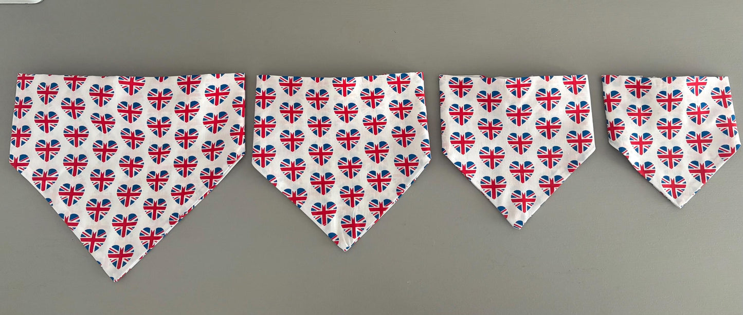 Elastic Scrunchie Dog Bandana – Union Jack Heart Print – Easy Slip-On Overhead Neckwear