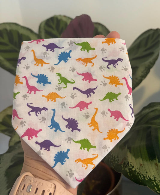 Elastic Scrunchie Dog Bandana – Dinosaur Print – Easy Slip On Overhead Neckwear