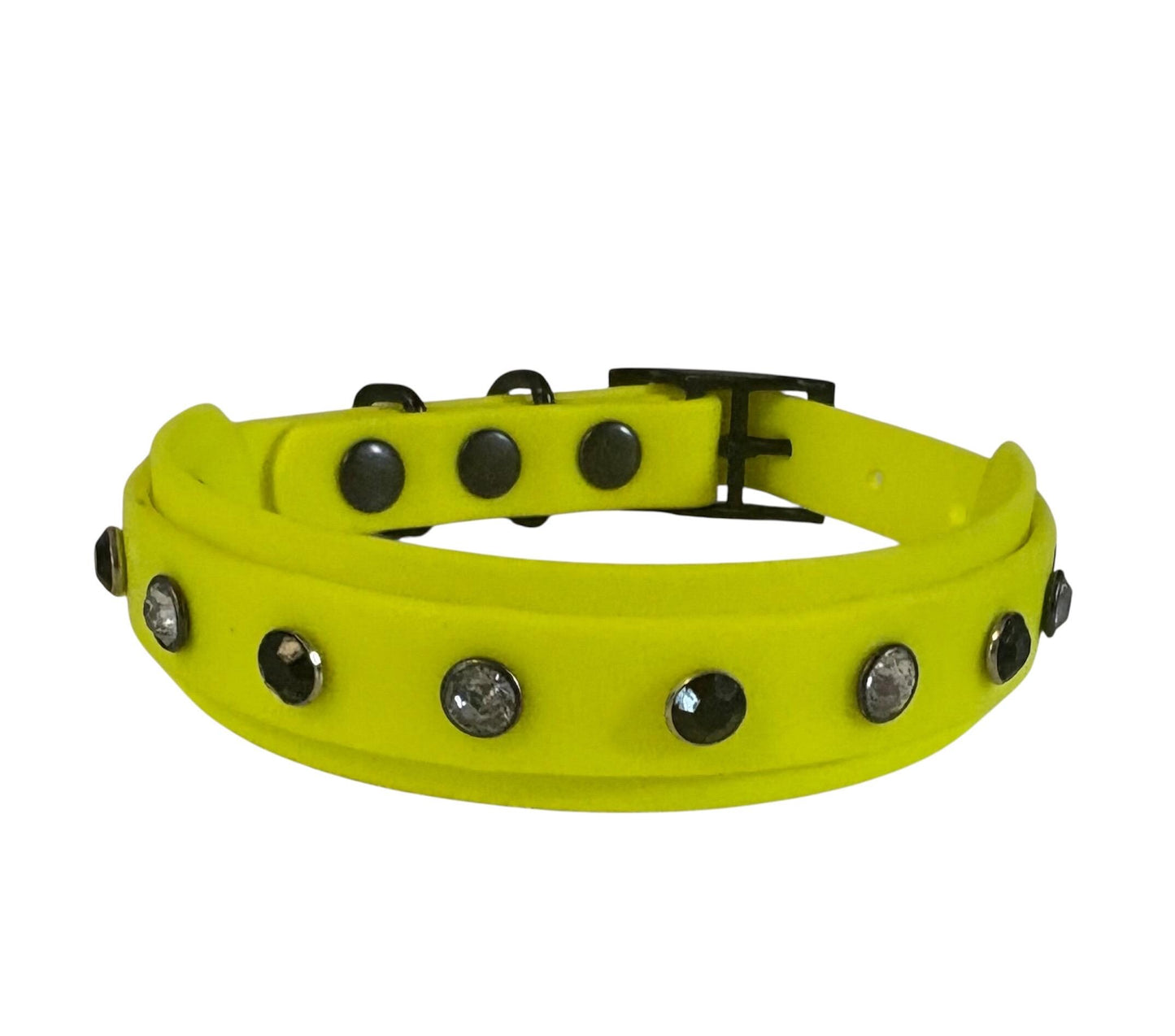 Biothane Crystal Rhinestone Diamanté Dog Collar Neon Yellow with Black Hardware - Sparkle Collection