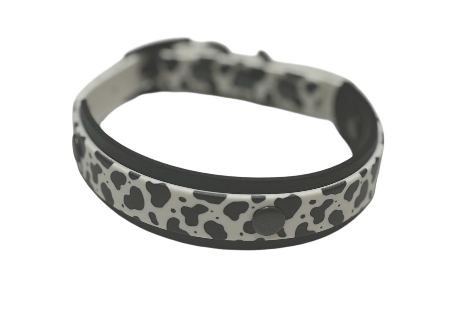 Biothane Waterproof Dog Collar Cow Print with Choice of Backing Colour and Black Hardware