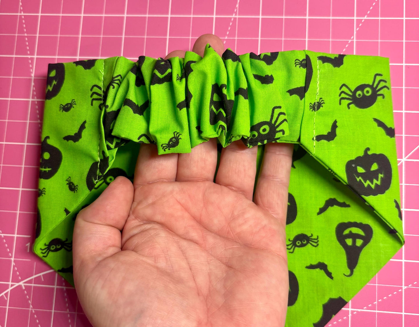 Elastic Scrunchie Dog Bandana – Neon Green Spooky Pumpkins Halloween print – Easy Slip-On Overhead Neckwear