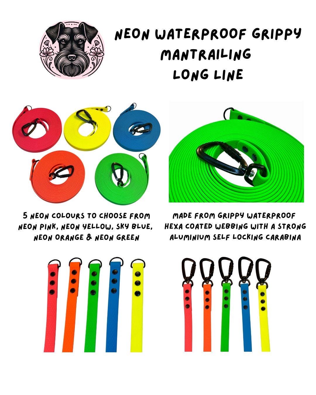 Neon Grippy Waterproof Long Line: Dog Training Mantrailing Leash with Carabiner