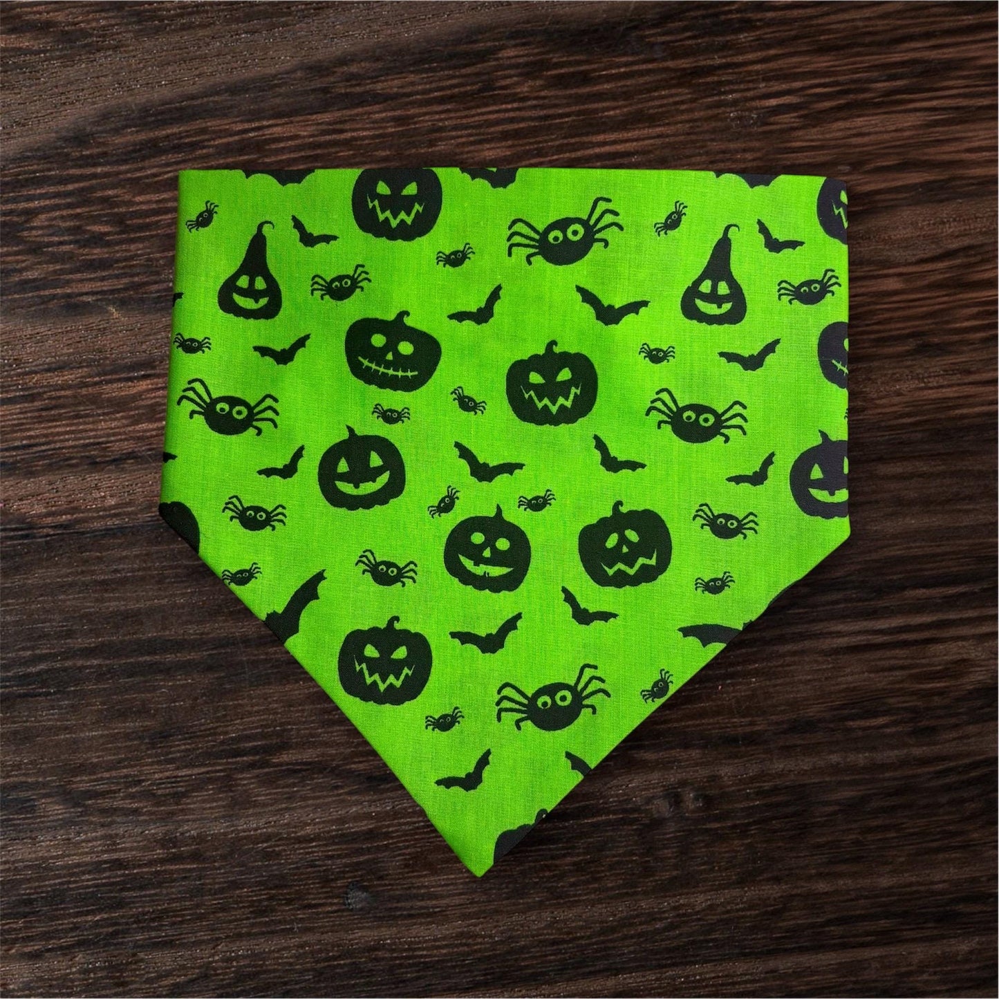 Elastic Scrunchie Dog Bandana – Neon Green Spooky Pumpkins Halloween print – Easy Slip-On Overhead Neckwear
