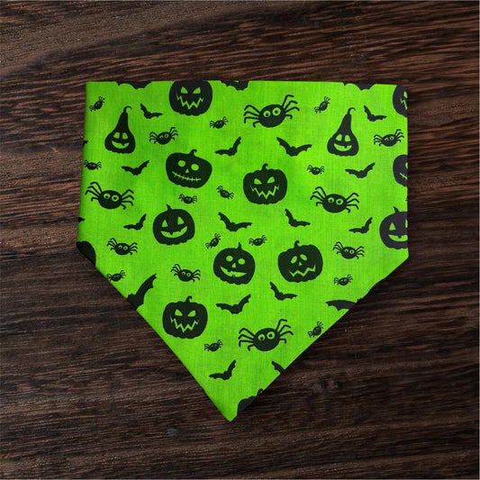 Elastic Scrunchie Dog Bandana – Neon Green Spooky Pumpkins Halloween print – Easy Slip-On Overhead Neckwear