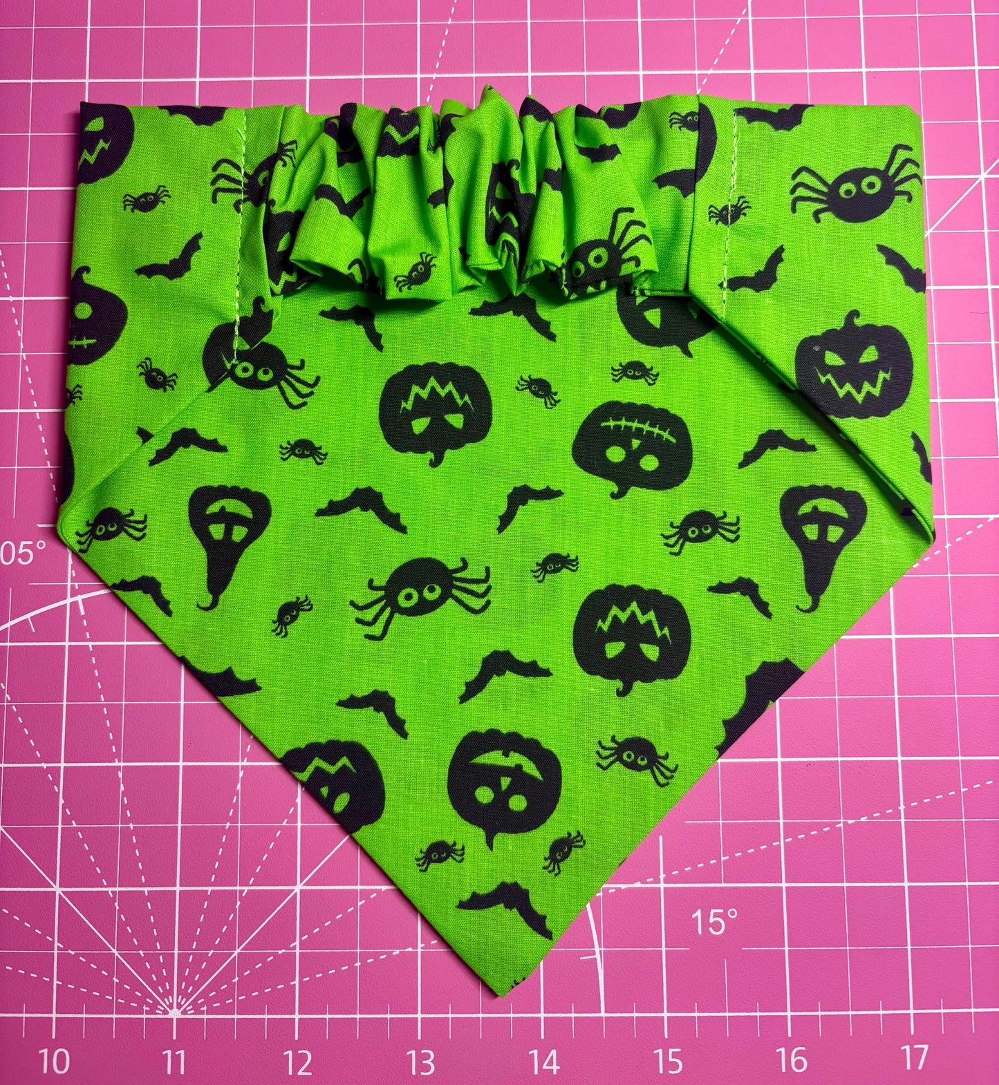 Elastic Scrunchie Dog Bandana – Neon Green Spooky Pumpkins Halloween print – Easy Slip-On Overhead Neckwear
