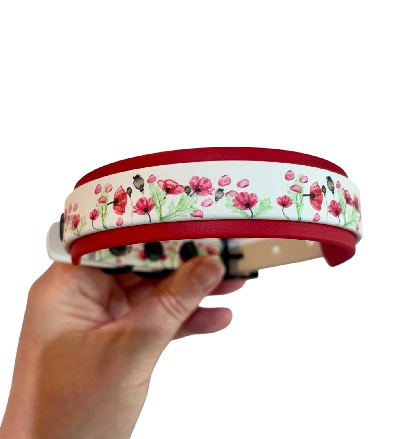Biothane Waterproof Poppy Print Dog Collar with Red Backing and Black Hardware