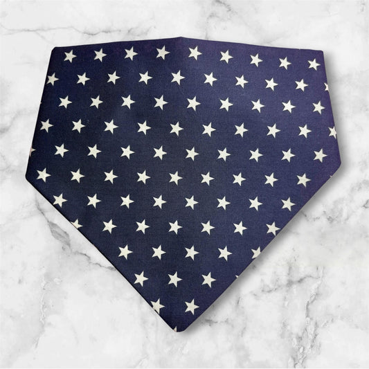 Elastic Scrunchie Dog Bandana – Navy Blue With White Stars Print – Easy Slip-On Overhead Neckwear