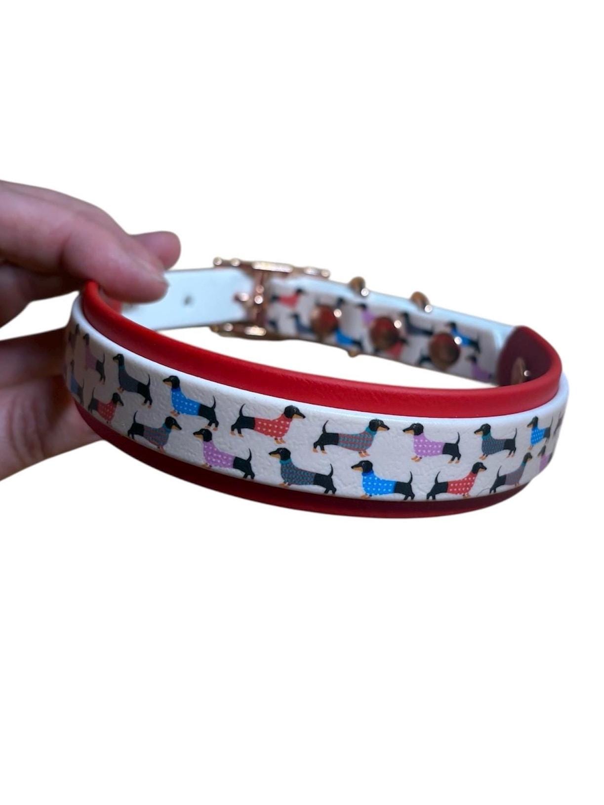 Dachshund Sausage Dog Print Biothane Dog Collar: Waterproof with Rose Gold Hardware
