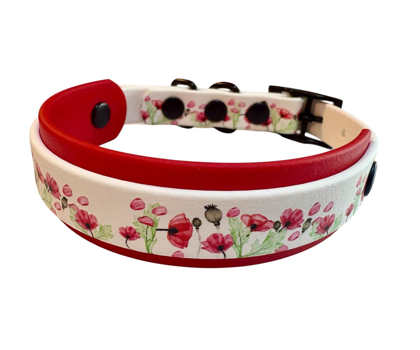 Biothane Waterproof Poppy Print Dog Collar with Red Backing and Black Hardware