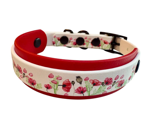 Biothane Waterproof Poppy Print Dog Collar with Red Backing and Black Hardware