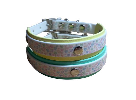Pastel Hearts Biothane Dog Collar: Waterproof Silver Hardware