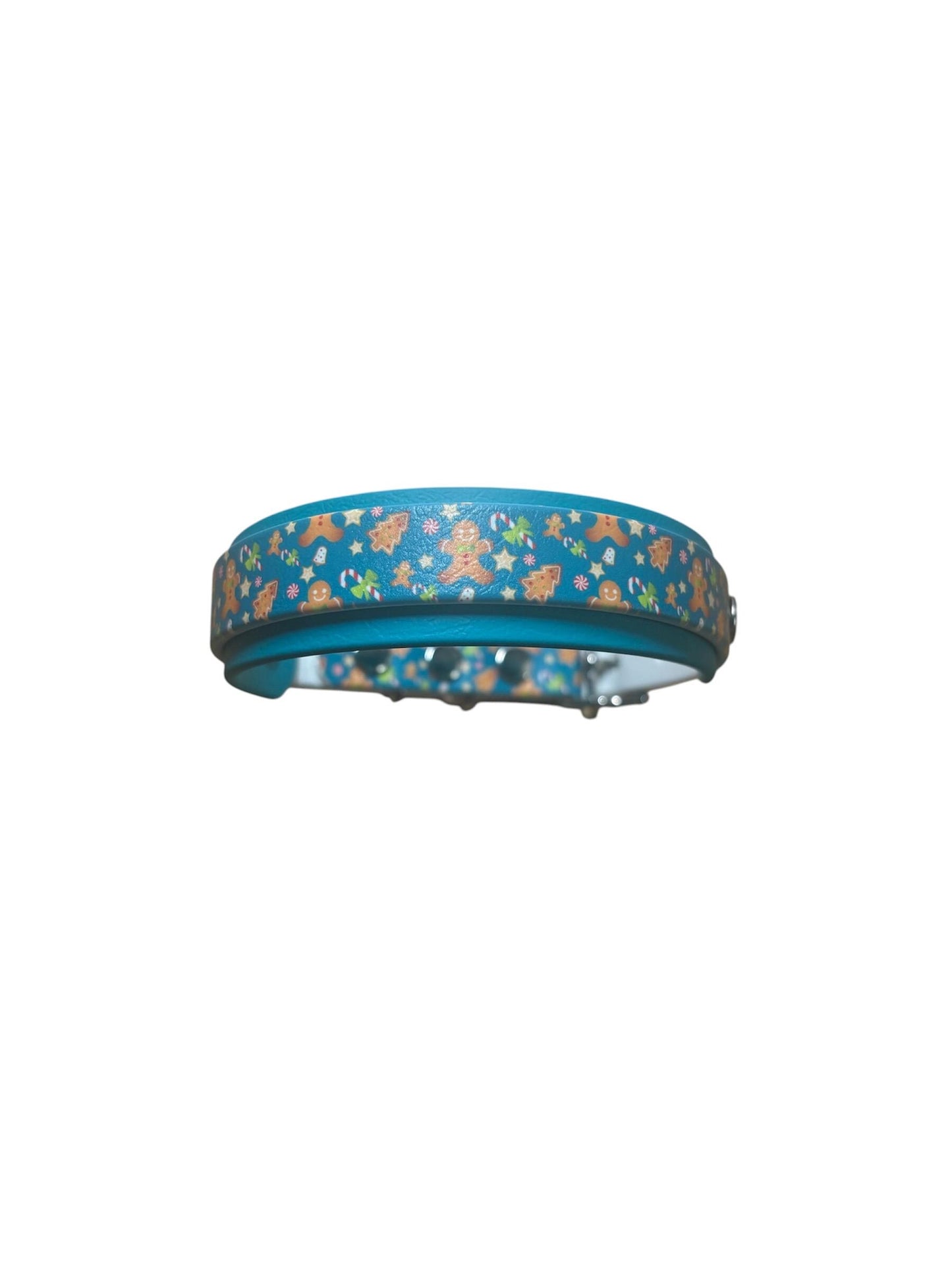 Biothane Waterproof Christmas Gingerbread & Candycane Print Dog Collar with Turquoise Backing and Silver Hardware