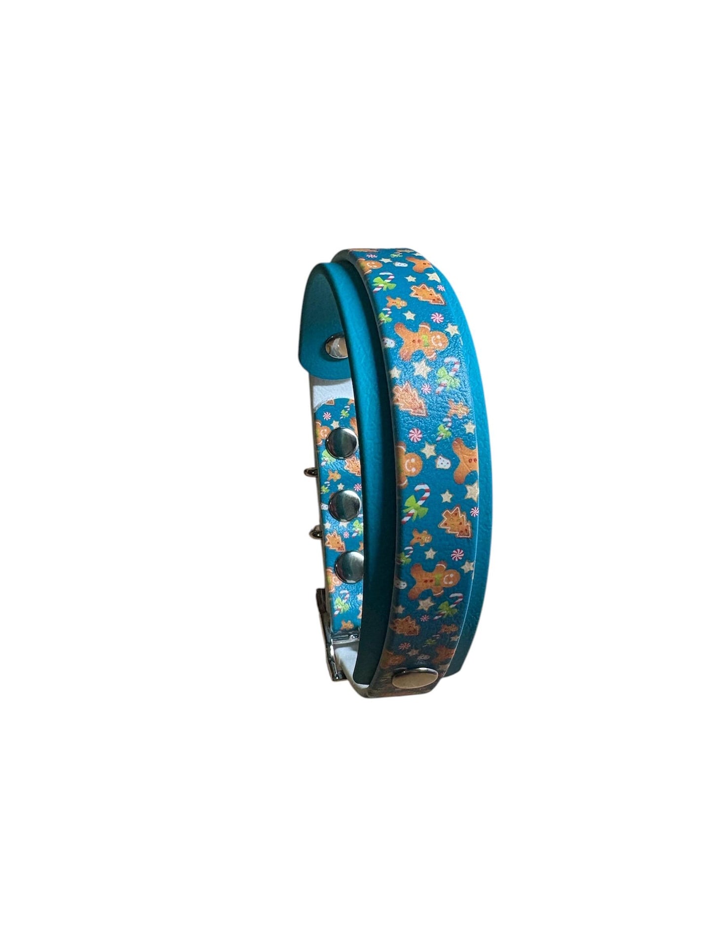 Biothane Waterproof Christmas Gingerbread & Candycane Print Dog Collar with Turquoise Backing and Silver Hardware