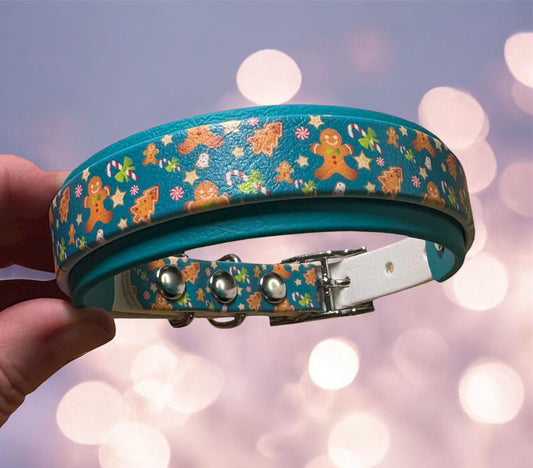 Biothane Waterproof Christmas Gingerbread & Candycane Print Dog Collar with Turquoise Backing and Silver Hardware