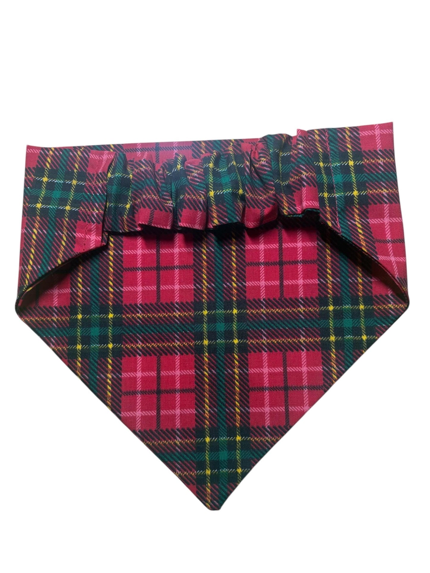 Elastic Scrunchie Dog Bandana – Red & Green Tartan Print – Easy Slip-On Overhead Neckwear