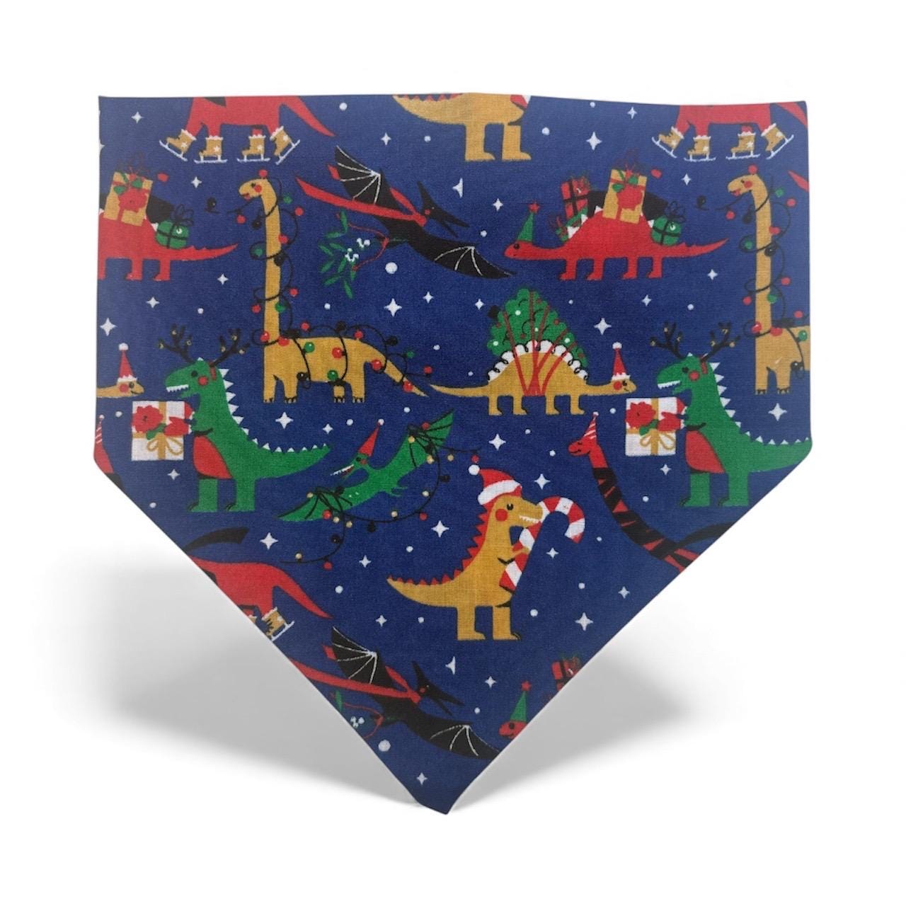 Elastic Scrunchie Dog Bandana – Christmas Dinosaurs Print – Easy Slip-On Overhead Neckwear