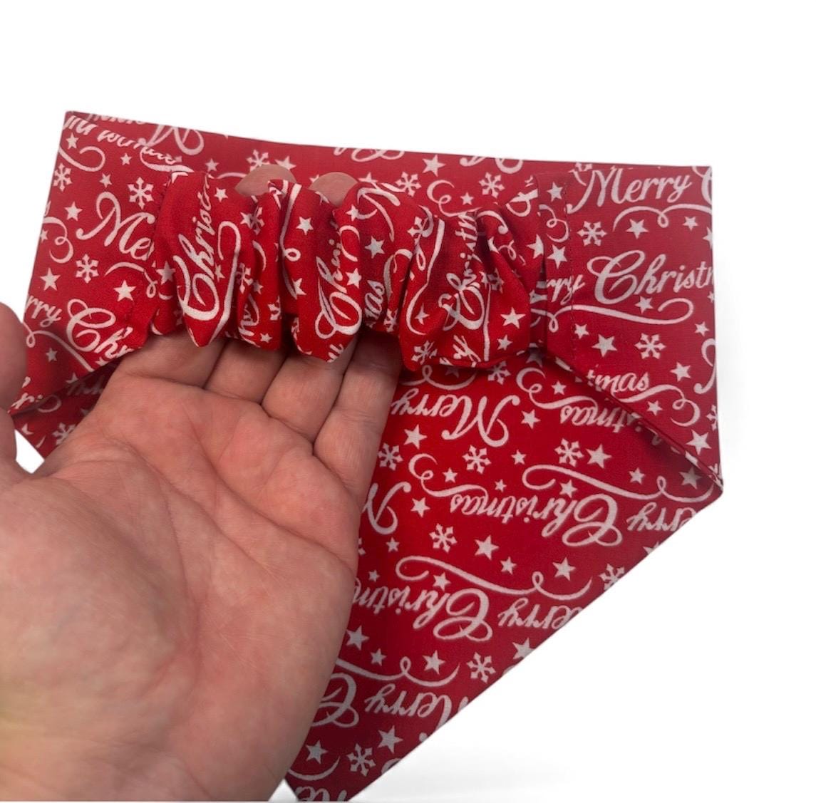 Elastic Scrunchie Dog Bandana – Red Merry Christmas Print – Easy Slip-On Overhead Neckwear